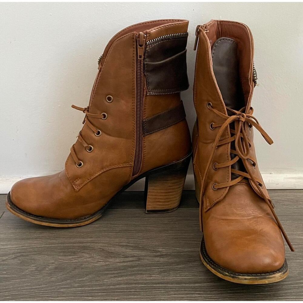 Pierre Dumas Ravenna Brown Tan Zipper Lace Up 2-Tone Leather Ankle Boots Sz 7.5